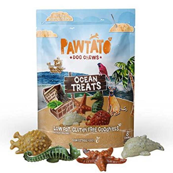 PAWTato Vegan Dog Treats 5.3oz. Natural Rawhide Alternative Vegan Dog Chews. Ocean Treats are Low Fat, Plant Based, Hypoallergenic, Sweet Potato